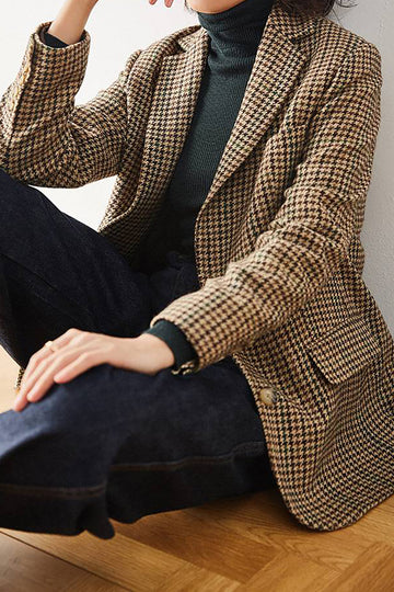 Khaki Plaid Notched Lapel Women Coat